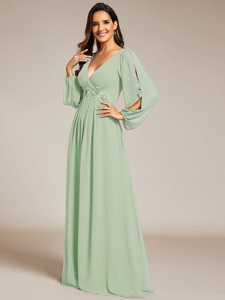 Lantern Long Slit Sleeve Deep V Applique Maxi Evening Dress #color_Mint Green