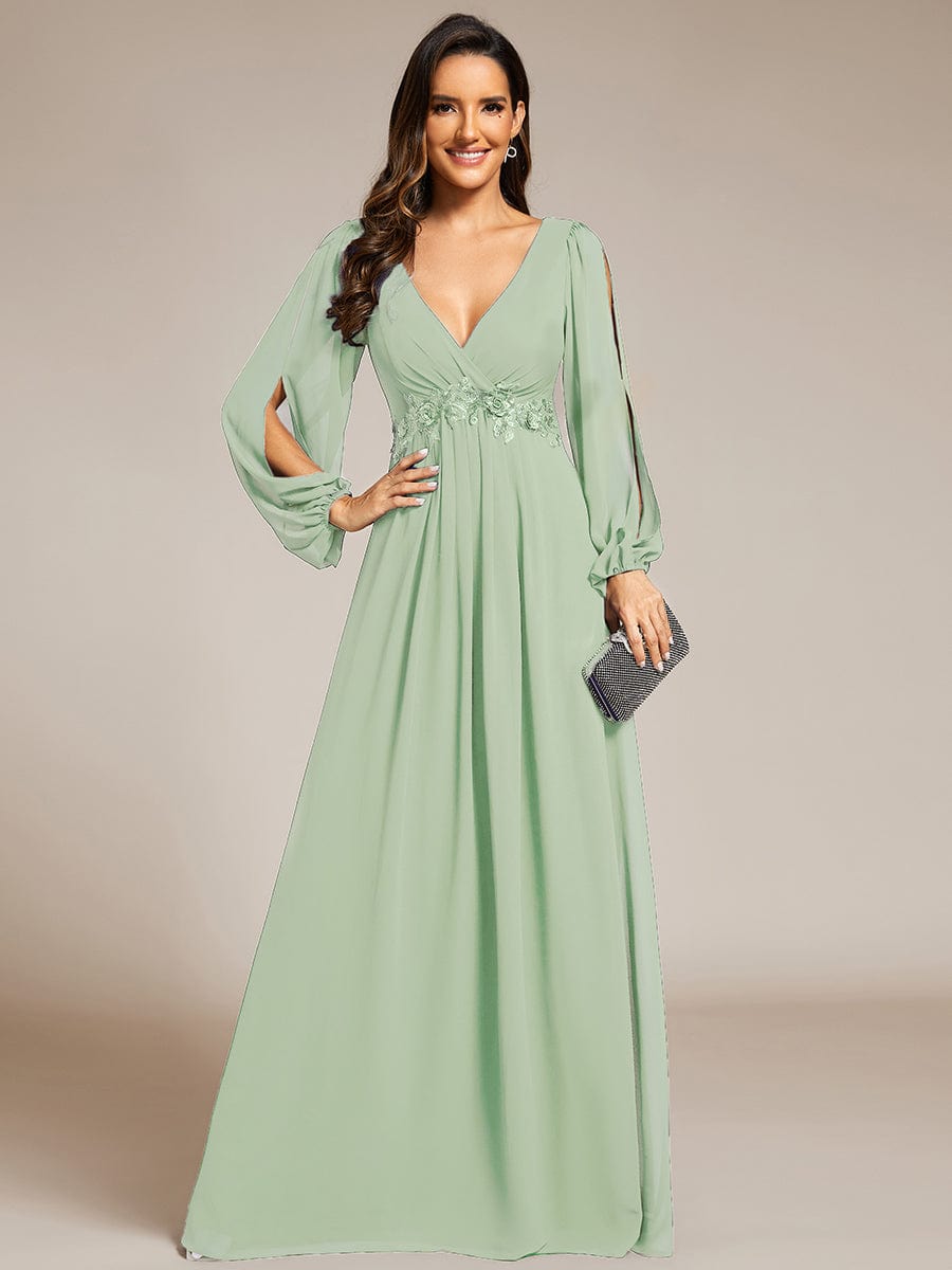 Lantern Long Slit Sleeve Deep V Applique Maxi Evening Dress #color_Mint Green