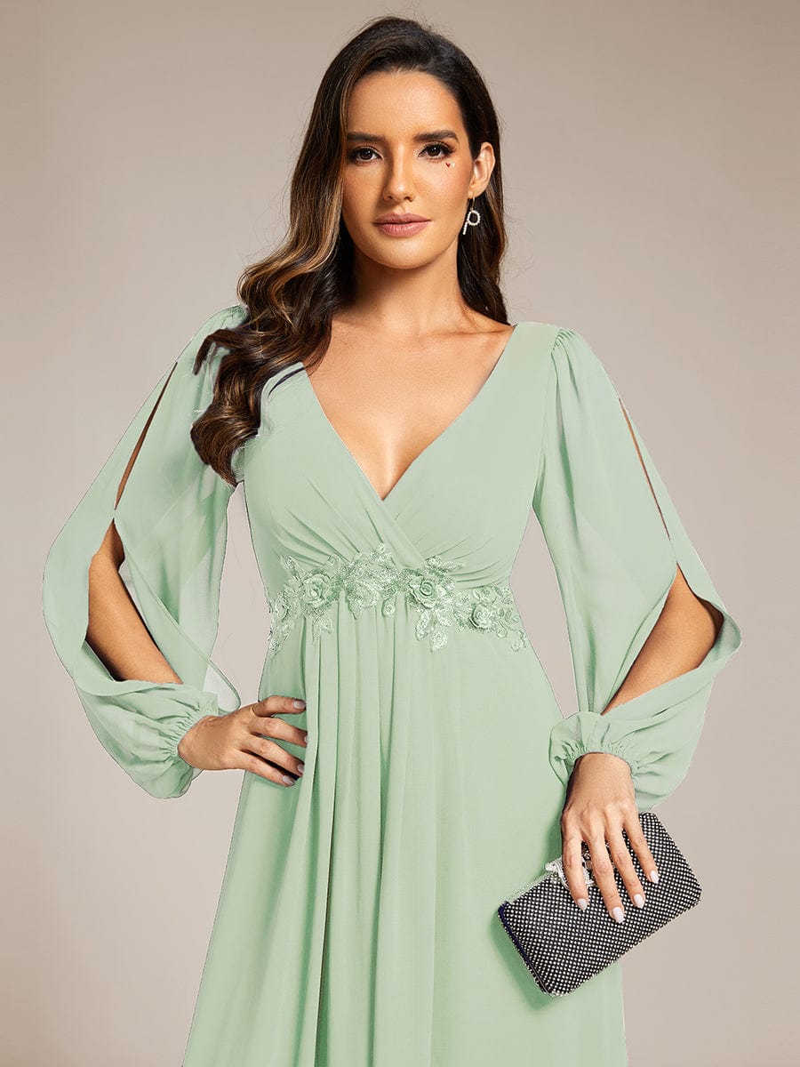 Lantern Long Slit Sleeve Deep V Applique Maxi Evening Dress #color_Mint Green