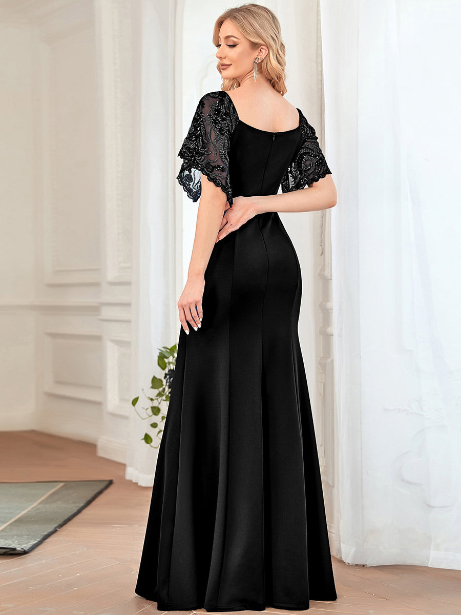 Sexy Maxi V Neck Bodycon Party Dress with Flare Sleeves #color_Black