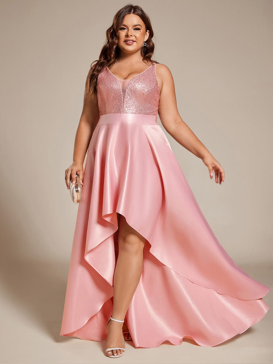 Sparkly Plus Size Prom Dresses for Women with Irregular Hem #color_Pink
