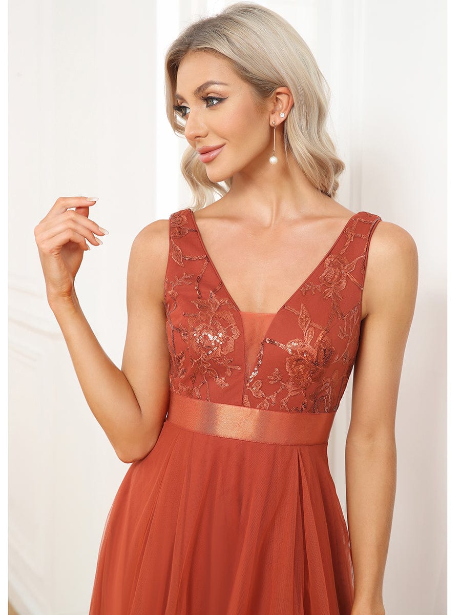 Elegant High-Low Deep V Neck Tulle Evening Dresses with Sequins #color_Burnt Orange