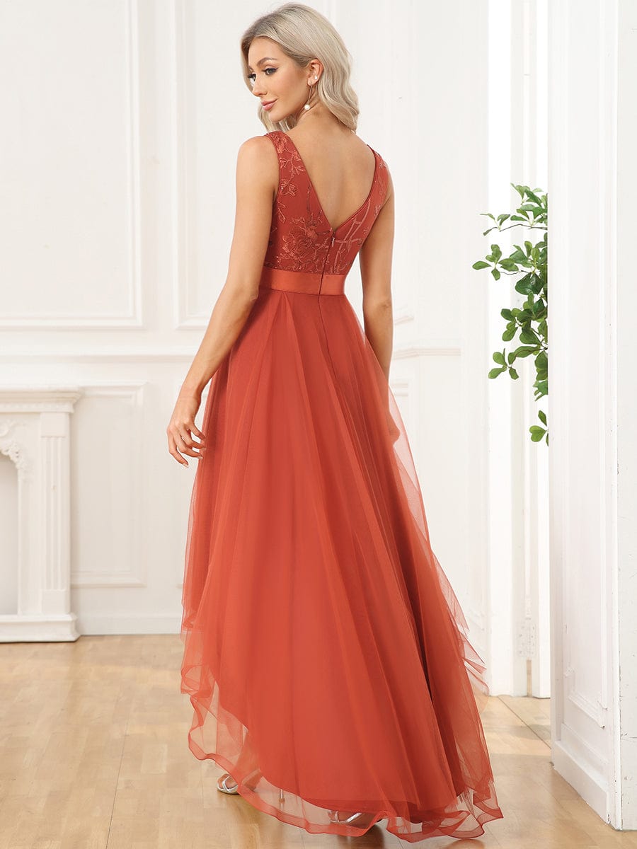 Elegant High-Low Deep V Neck Tulle Evening Dresses with Sequins #color_Burnt Orange