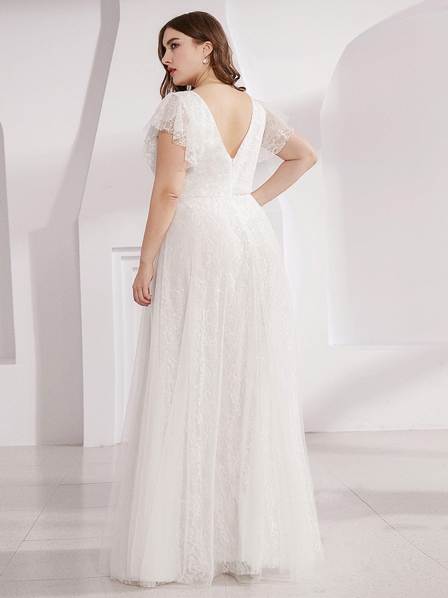 Maxi Long Plus Size Lace Evening Dresses with Ruffle Sleeves #color_White