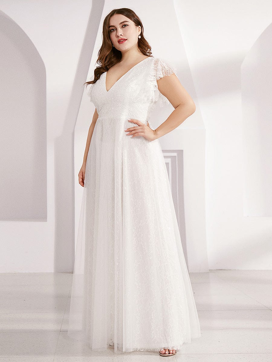 Maxi Long Plus Size Lace Evening Dresses with Ruffle Sleeves #color_White