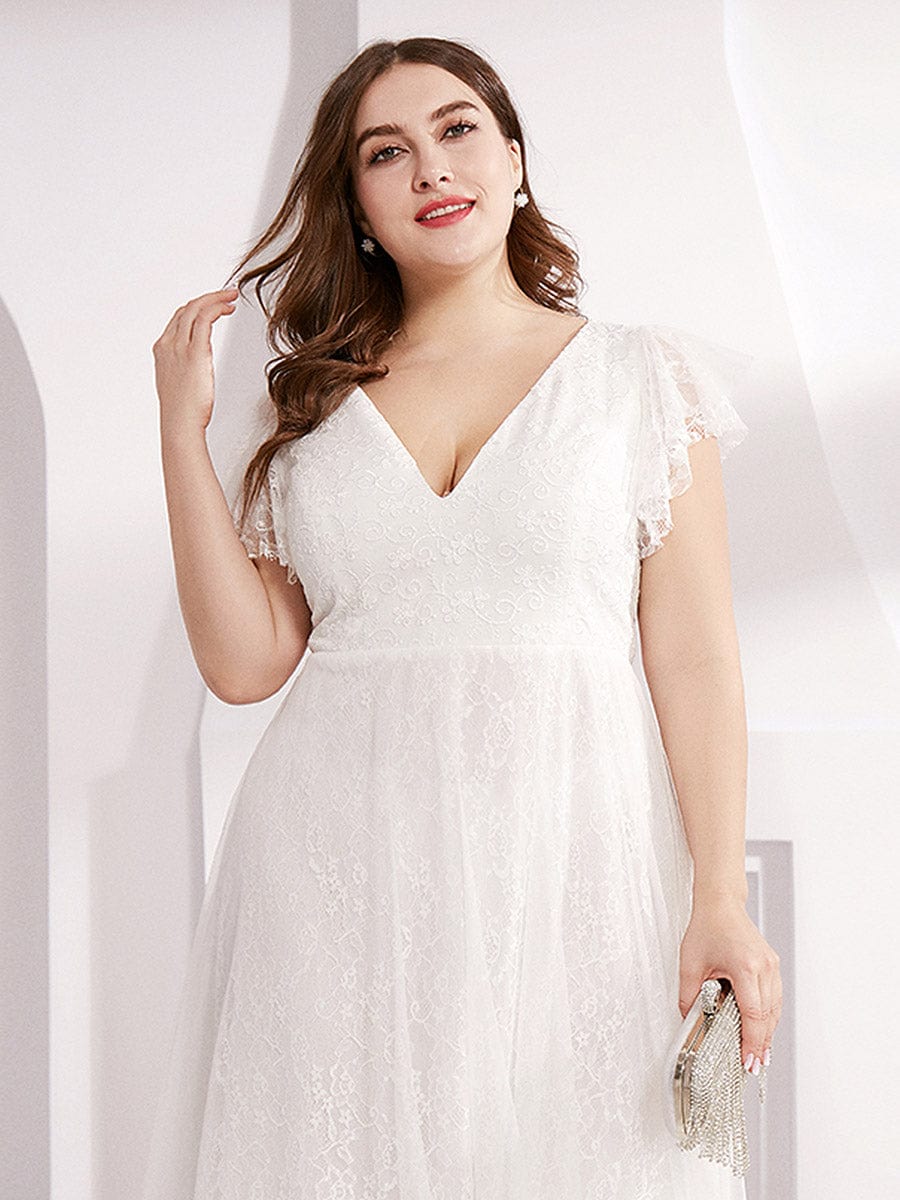 Maxi Long Plus Size Lace Evening Dresses with Ruffle Sleeves #color_White