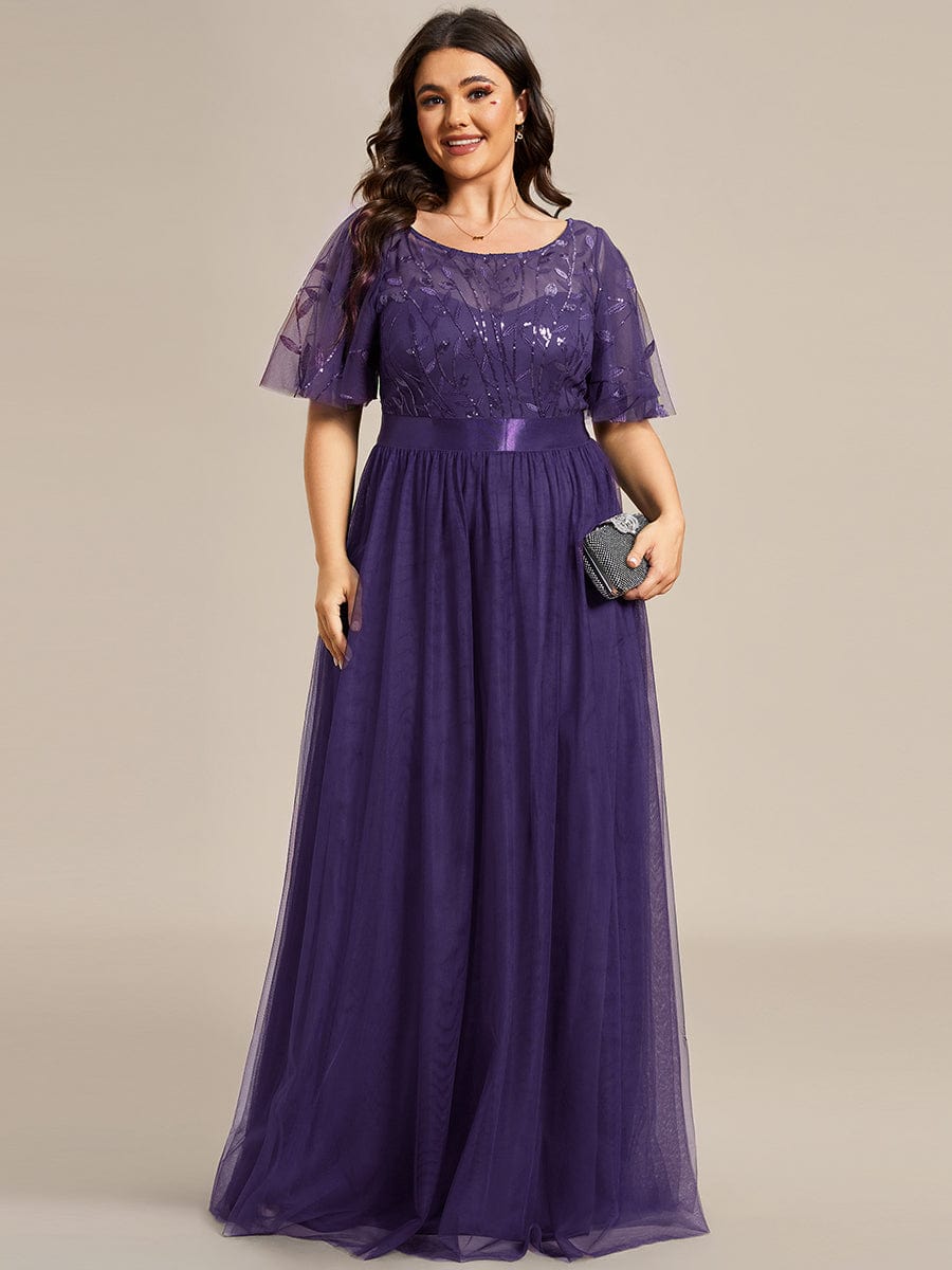 Women's A-Line Short Sleeve Embroidery Floor Length Wedding Guest Dresses #color_Dark Purple