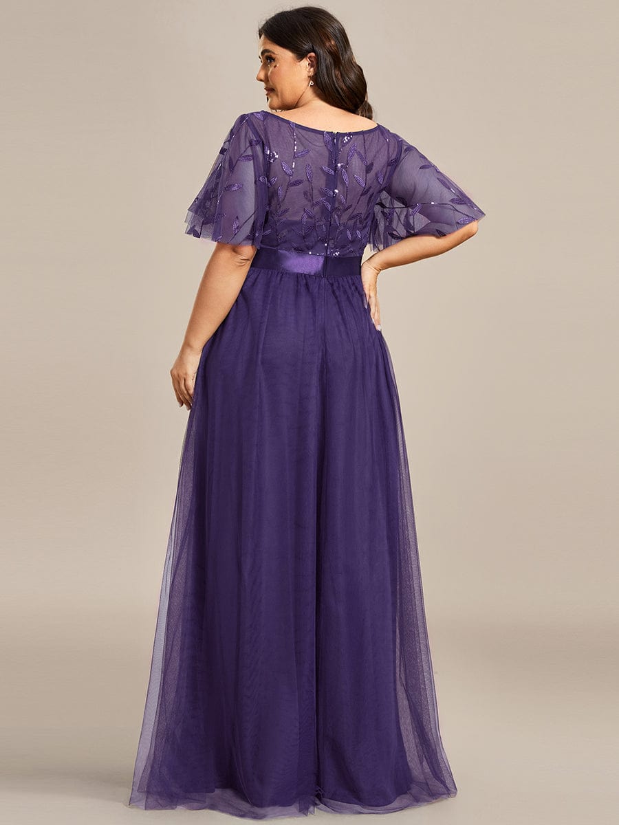 Women's A-Line Short Sleeve Embroidery Floor Length Wedding Guest Dresses #color_Dark Purple