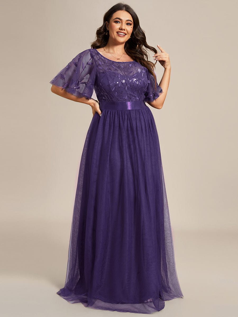 Women's A-Line Short Sleeve Embroidery Floor Length Wedding Guest Dresses #color_Dark Purple