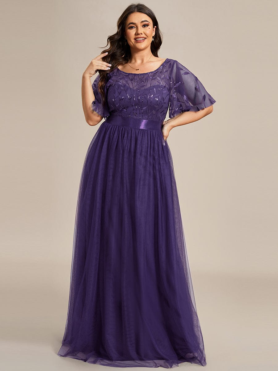 Women's A-Line Short Sleeve Embroidery Floor Length Wedding Guest Dresses #color_Dark Purple