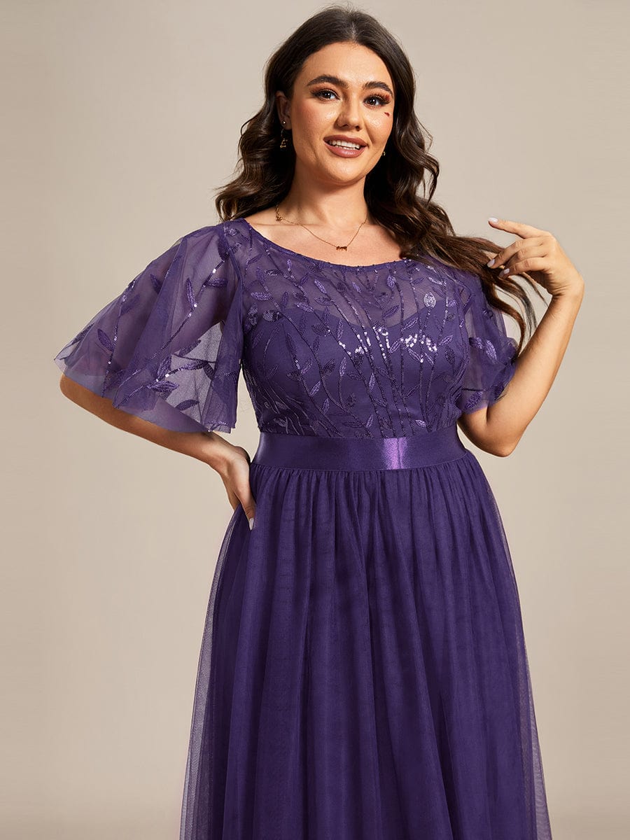 Women's A-Line Short Sleeve Embroidery Floor Length Wedding Guest Dresses #color_Dark Purple