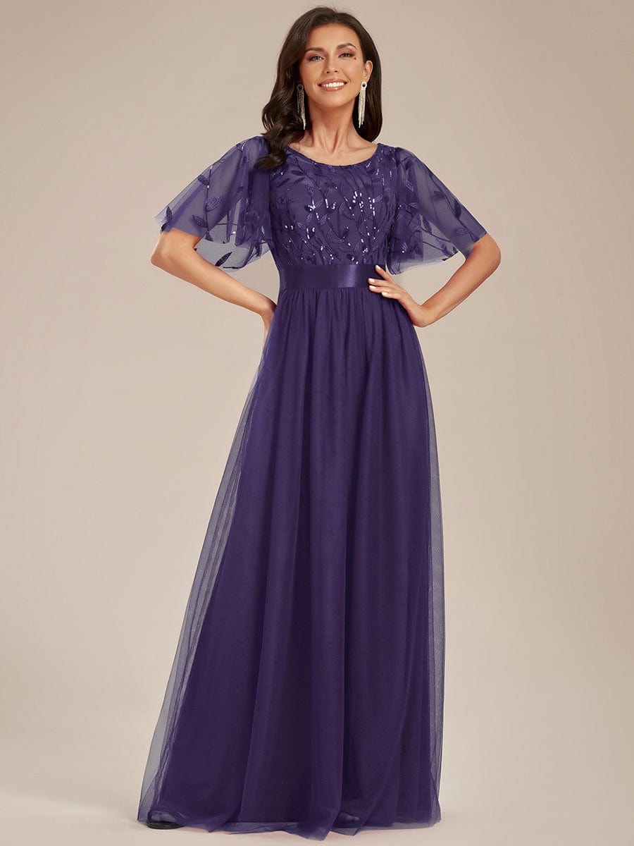 Women's A-Line Short Sleeve Embroidery Floor Length Wedding Guest Dresses #color_Dark Purple