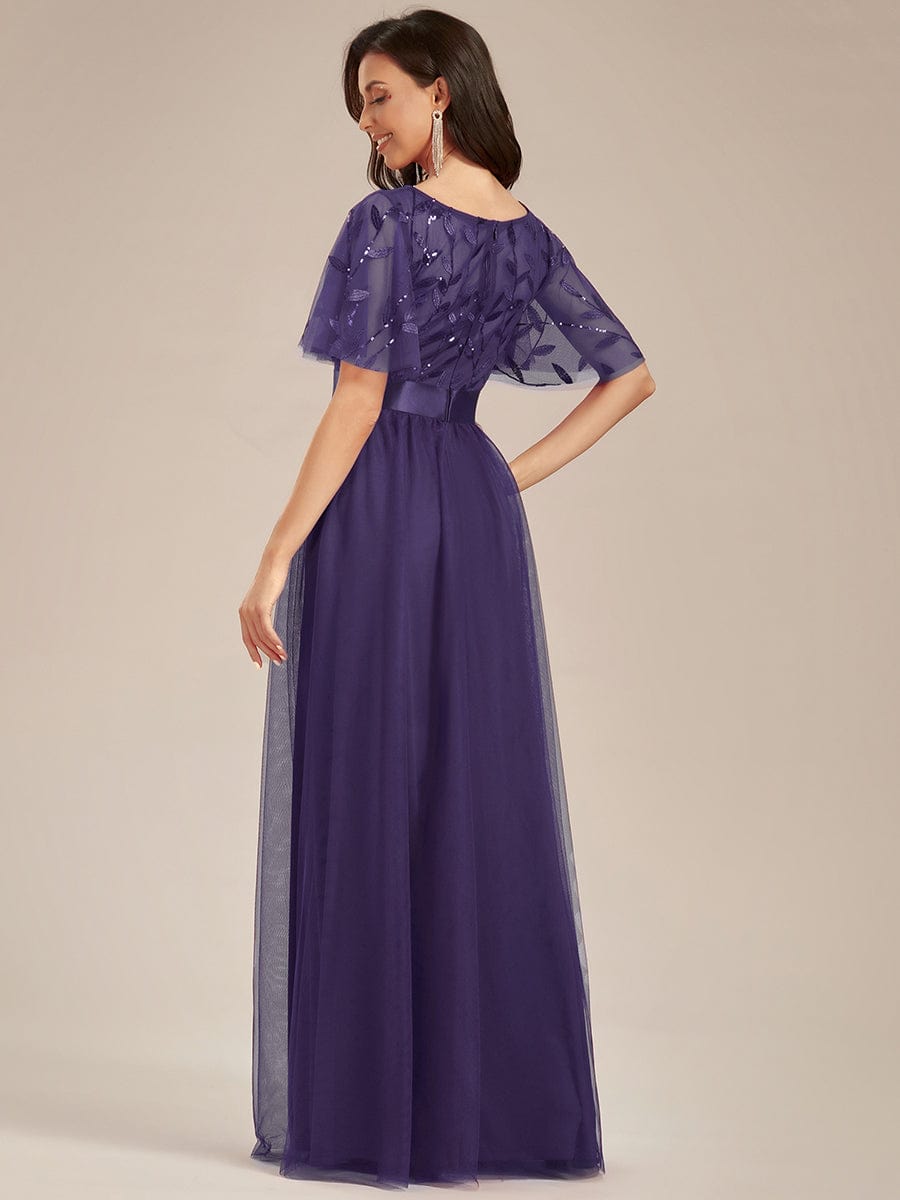 Women's A-Line Short Sleeve Embroidery Floor Length Wedding Guest Dresses #color_Dark Purple