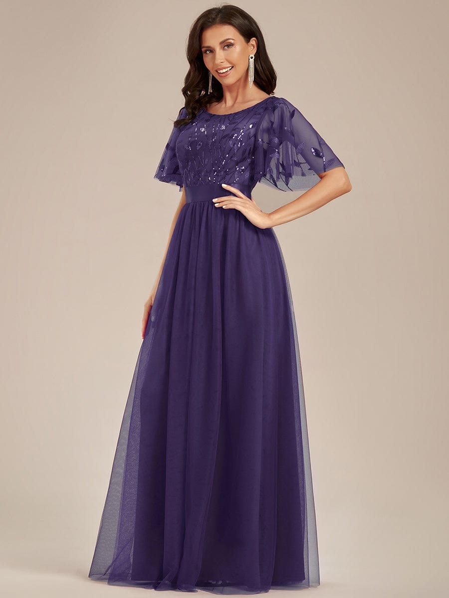 Women's A-Line Short Sleeve Embroidery Floor Length Wedding Guest Dresses #color_Dark Purple