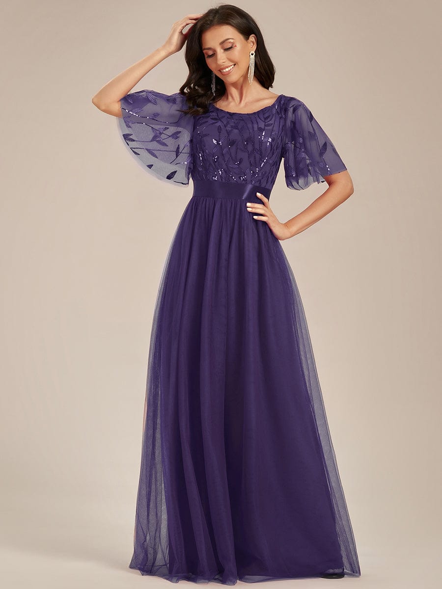 Women's A-Line Short Sleeve Embroidery Floor Length Wedding Guest Dresses #color_Dark Purple