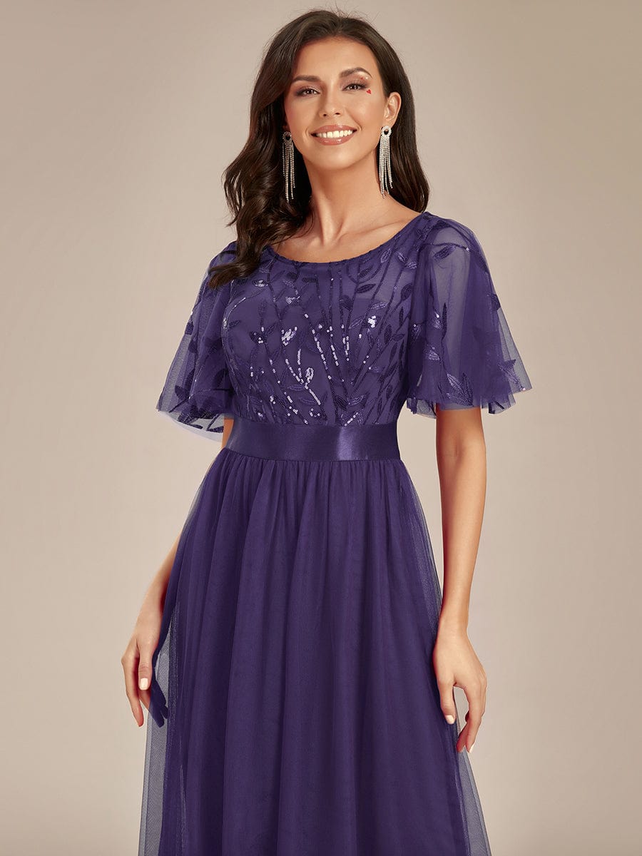 Women's A-Line Short Sleeve Embroidery Floor Length Wedding Guest Dresses #color_Dark Purple