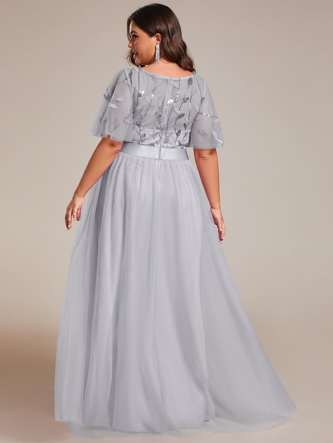 Plus Size Women's Embroidery Bridesmaid Dress with Short Sleeve #color_Grey