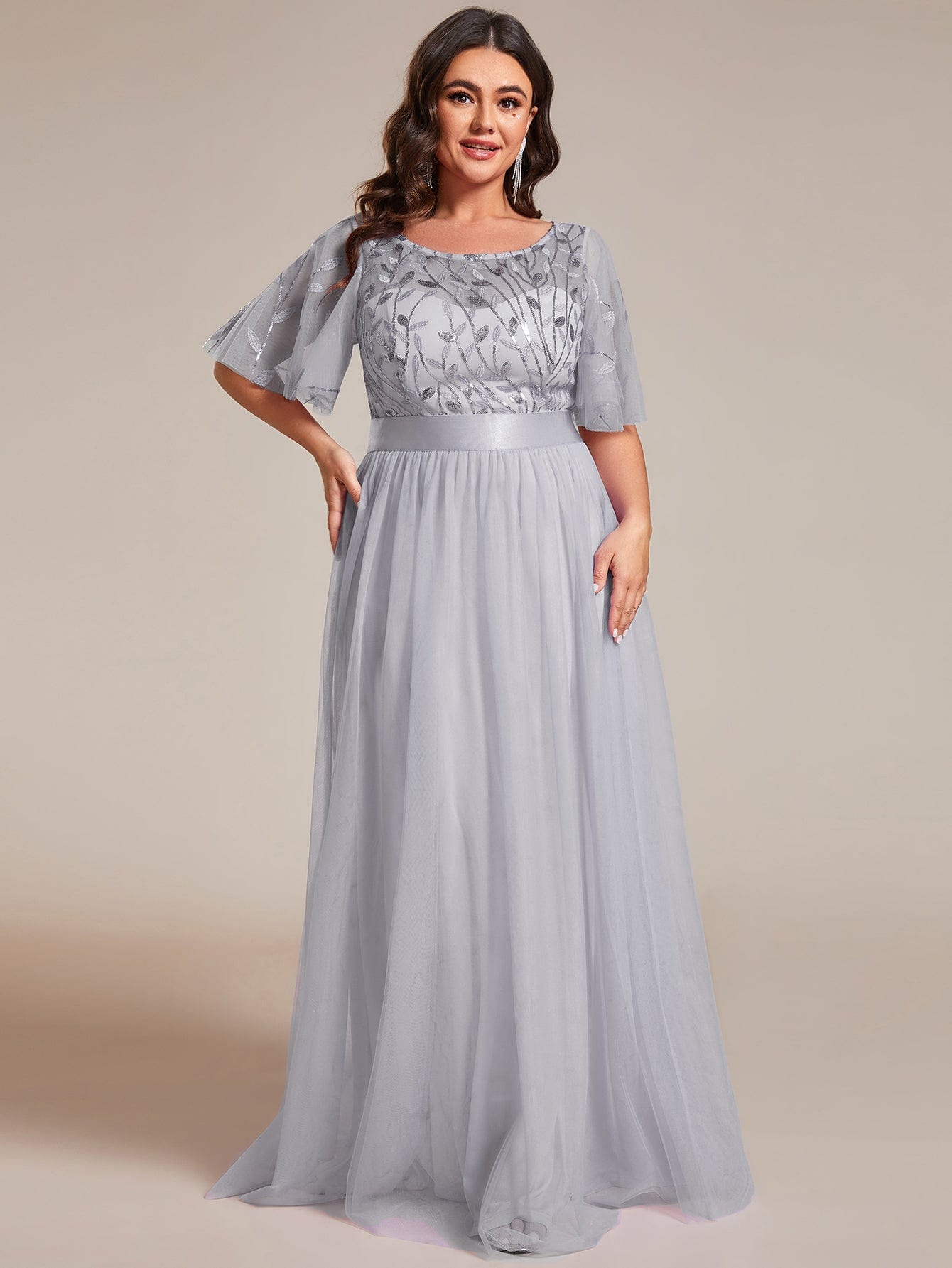 Plus Size Women's Embroidery Bridesmaid Dress with Short Sleeve #color_Grey