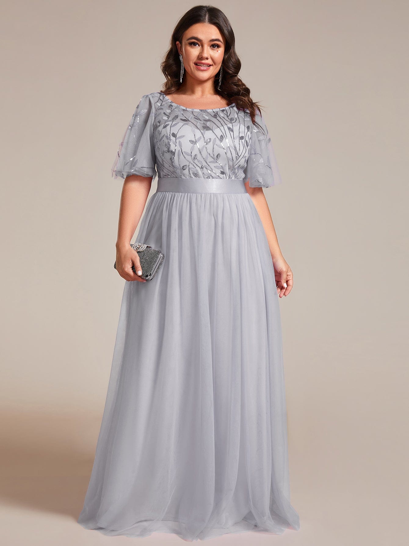 Plus Size Women's Embroidery Bridesmaid Dress with Short Sleeve #color_Grey