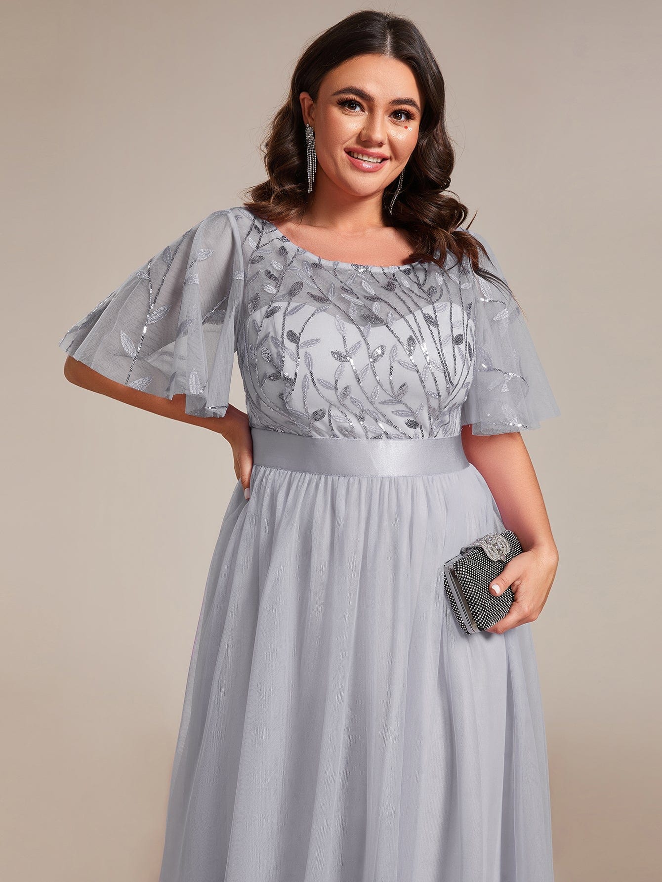 Plus Size Women's Embroidery Bridesmaid Dress with Short Sleeve #color_Grey