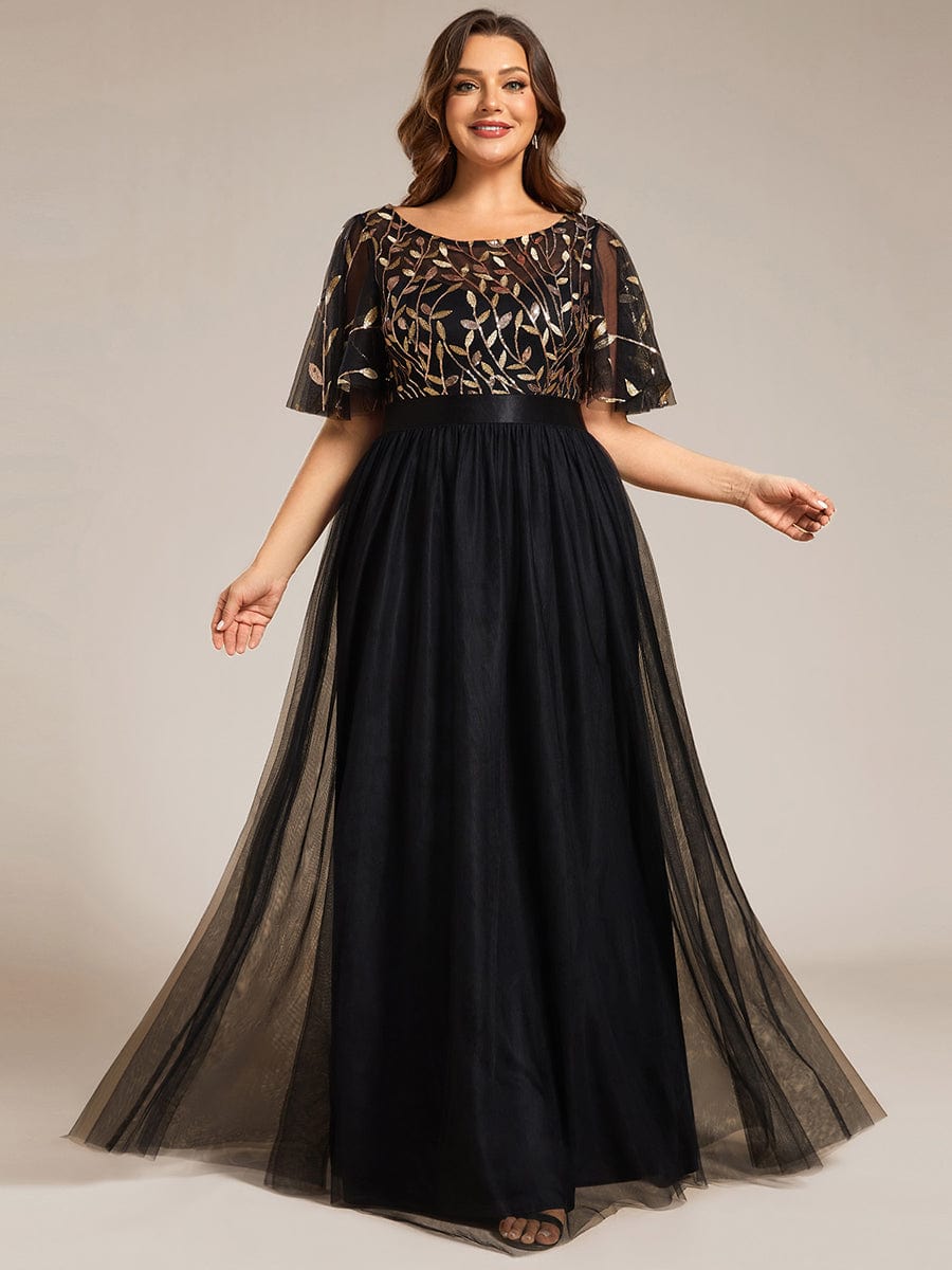 Plus Size Women's Embroidery Bridesmaid Dress with Short Sleeve #color_Black & Gold