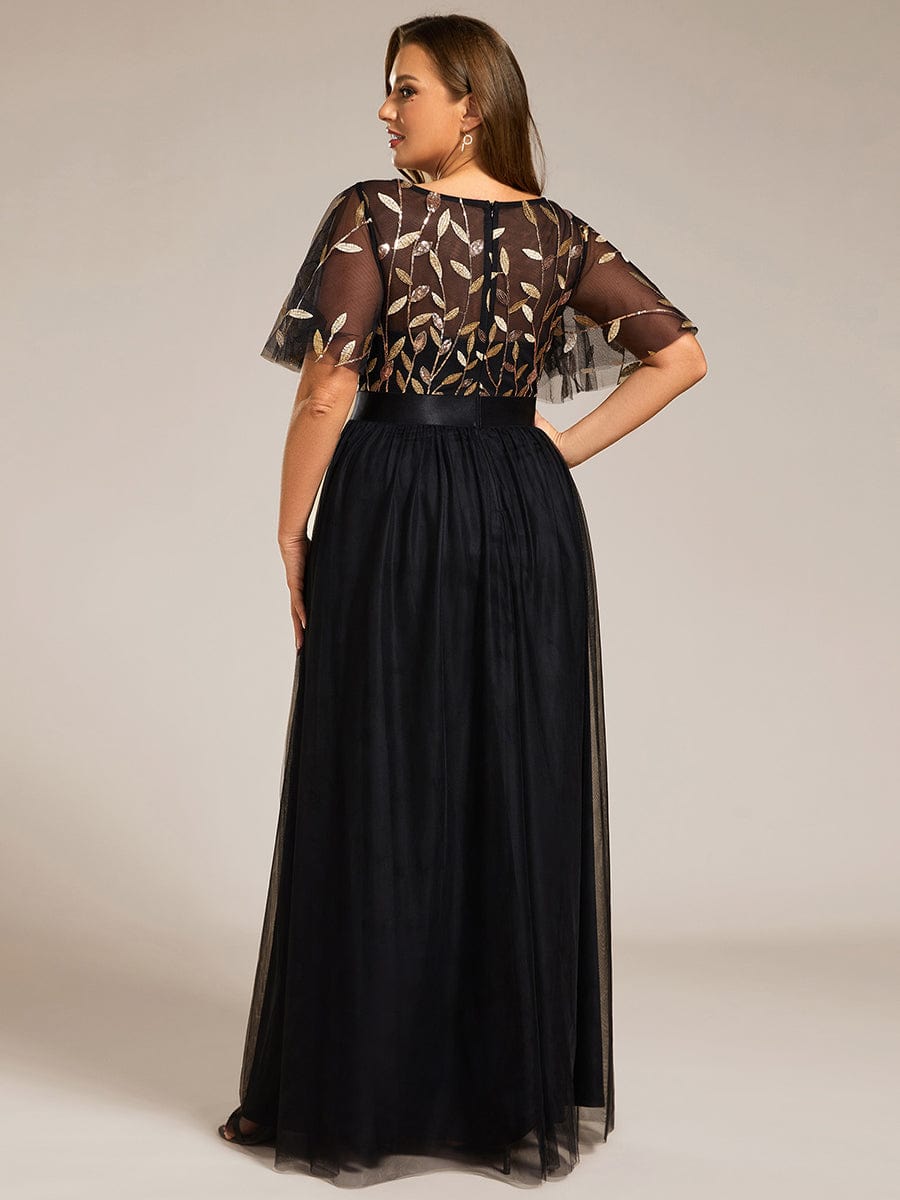 Plus Size Women's Embroidery Bridesmaid Dress with Short Sleeve #color_Black & Gold