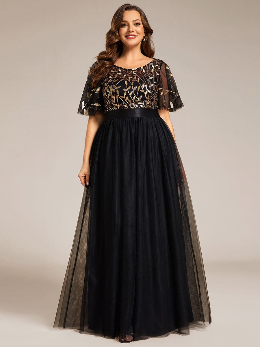 Plus Size Women's Embroidery Bridesmaid Dress with Short Sleeve #color_Black & Gold