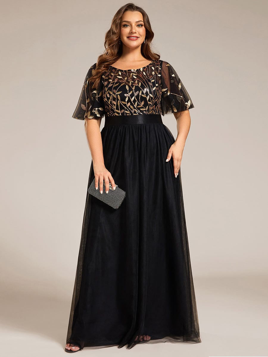 Plus Size Women's Embroidery Bridesmaid Dress with Short Sleeve #color_Black & Gold