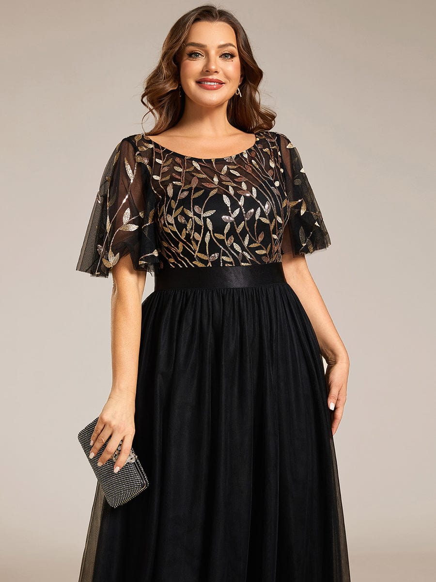 Women's A-Line Short Sleeve Embroidery Floor Length Evening Dresses #color_Black & Gold
