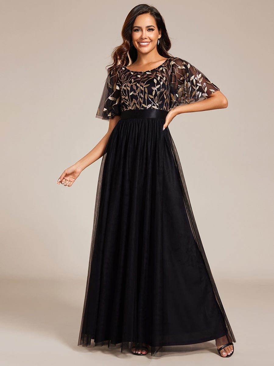 Women's A-Line Short Sleeve Embroidery Floor Length Evening Dresses #color_Black & Gold