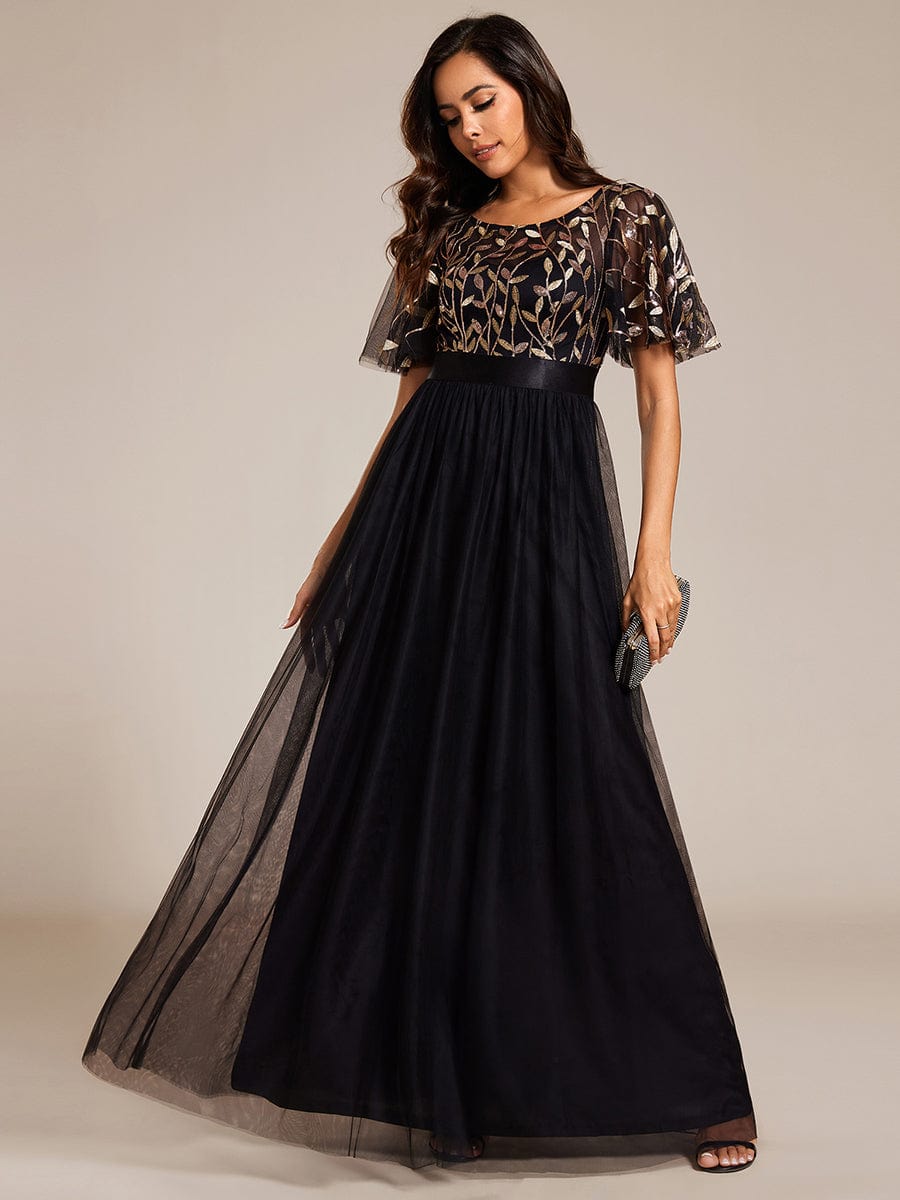 Women's A-Line Short Sleeve Embroidery Floor Length Wedding Guest Dresses #color_Black & Gold