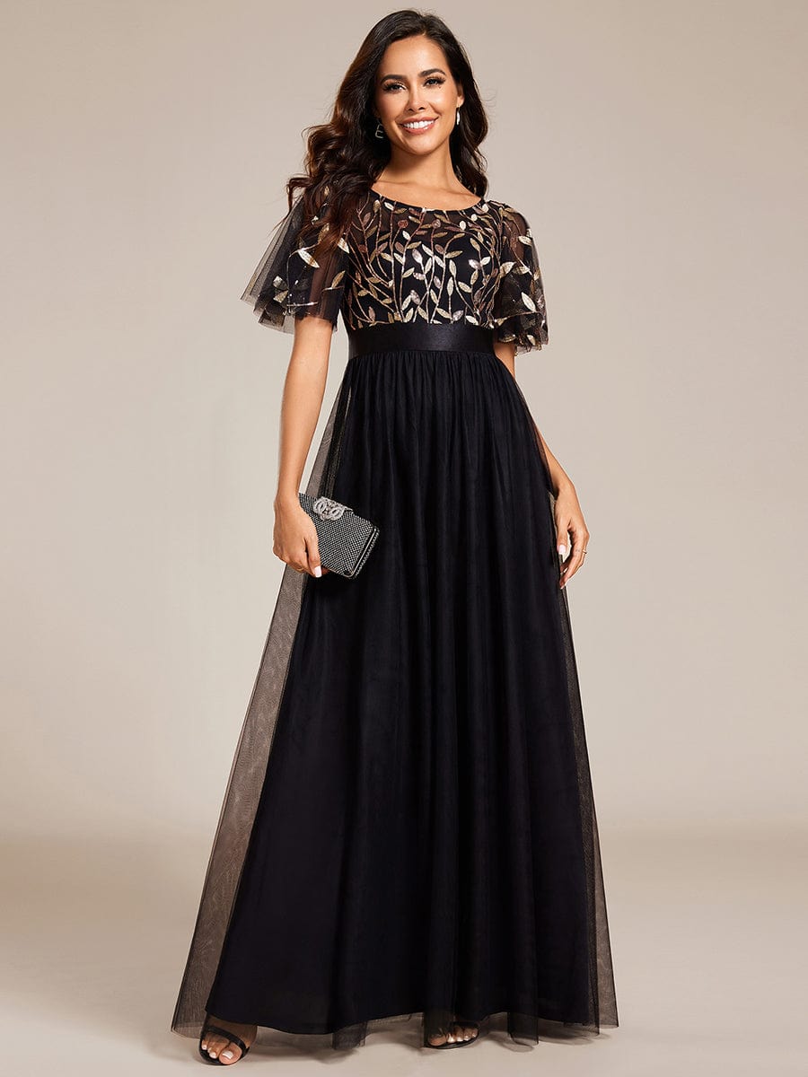 Women's A-Line Short Sleeve Embroidery Floor Length Evening Dresses #color_Black & Gold