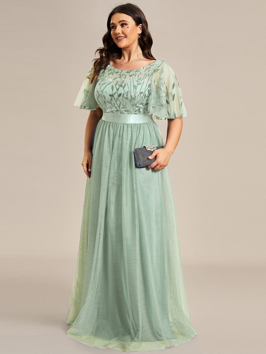 Plus Size Women's Embroidery Bridesmaid Dress with Short Sleeve #color_Mint Green