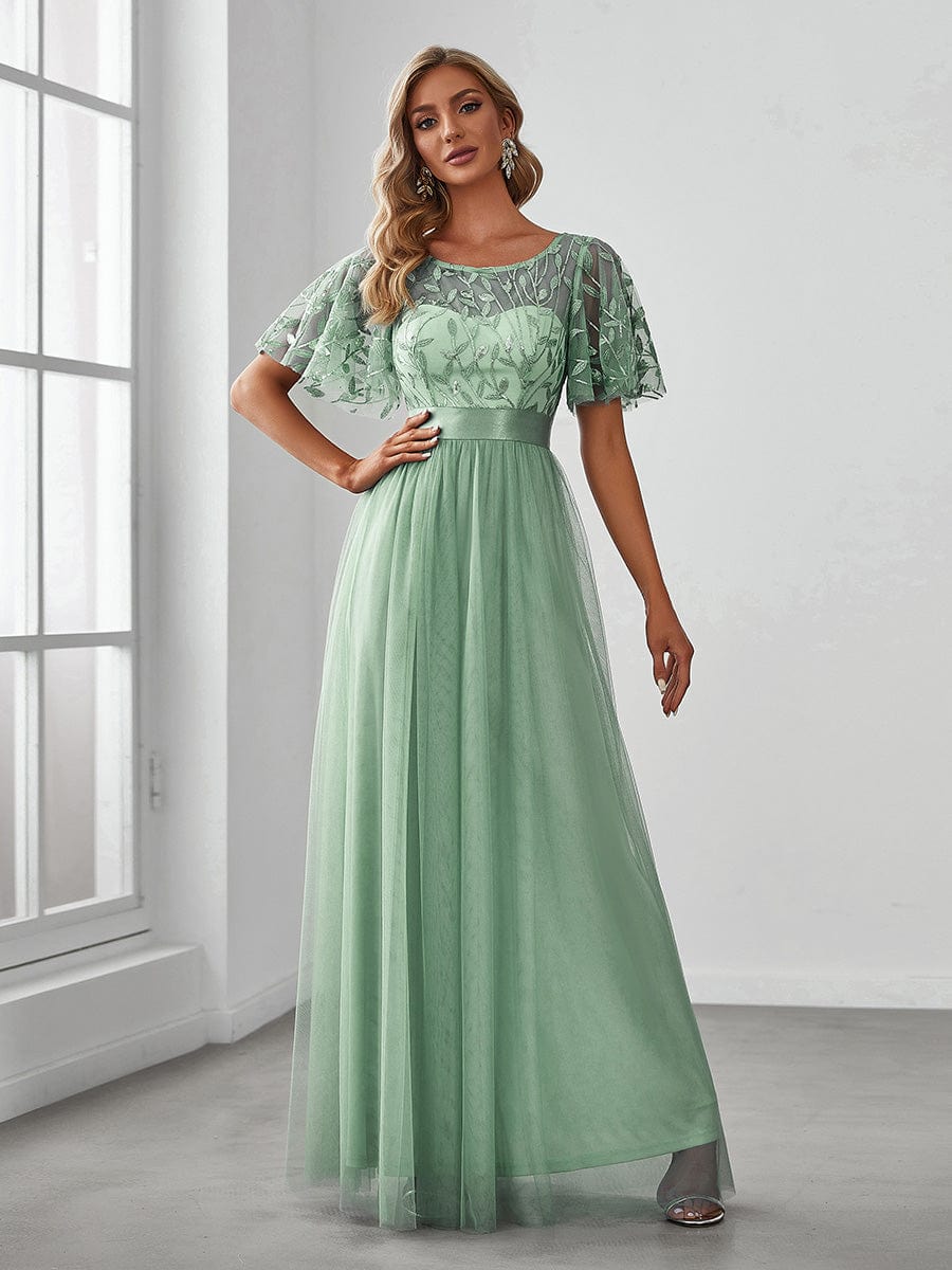 Women's A-Line Short Sleeve Embroidery Floor Length Wedding Guest Dresses #color_Mint Green