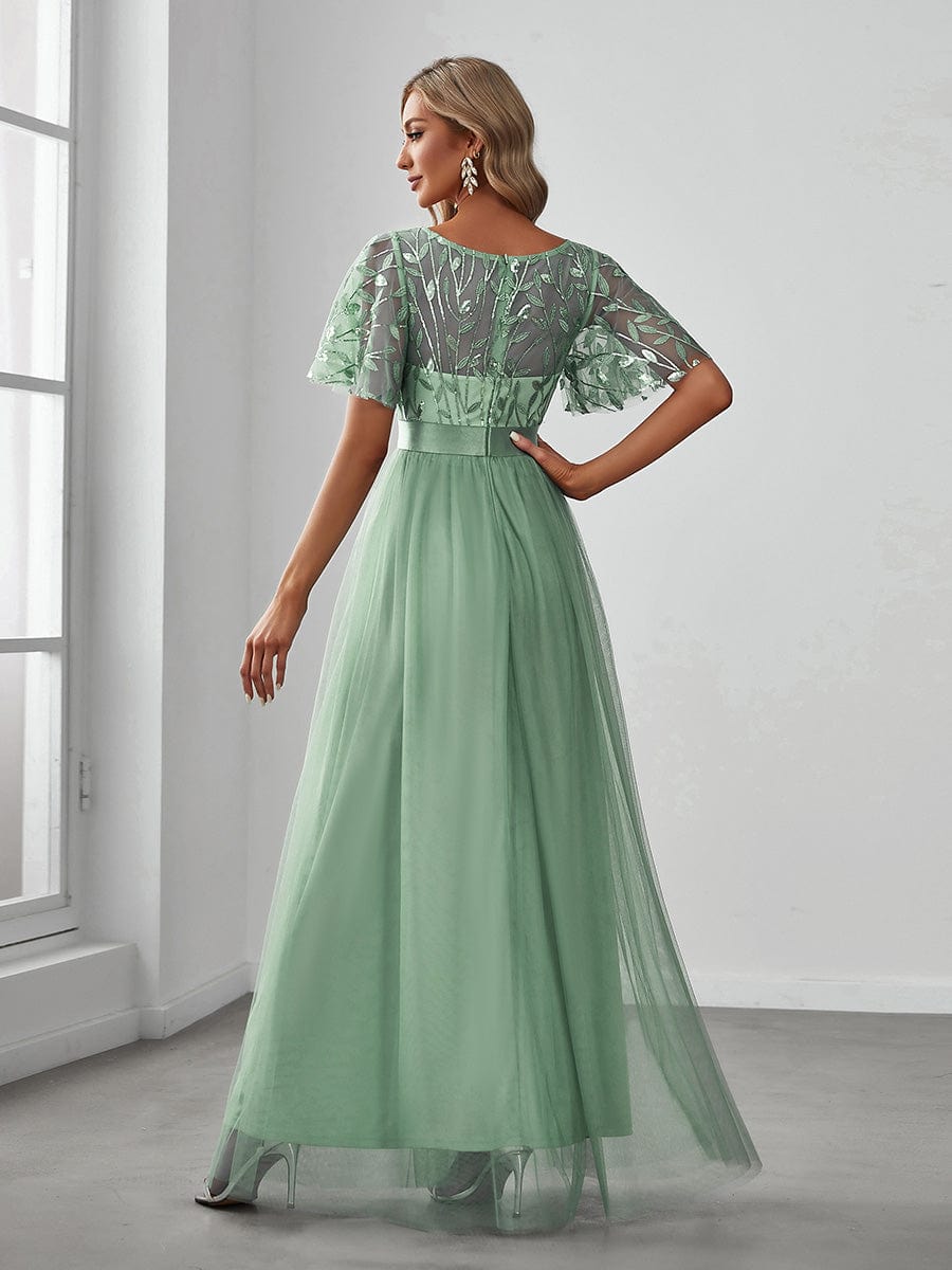 Women's A-Line Short Sleeve Embroidery Floor Length Wedding Guest Dresses #color_Mint Green