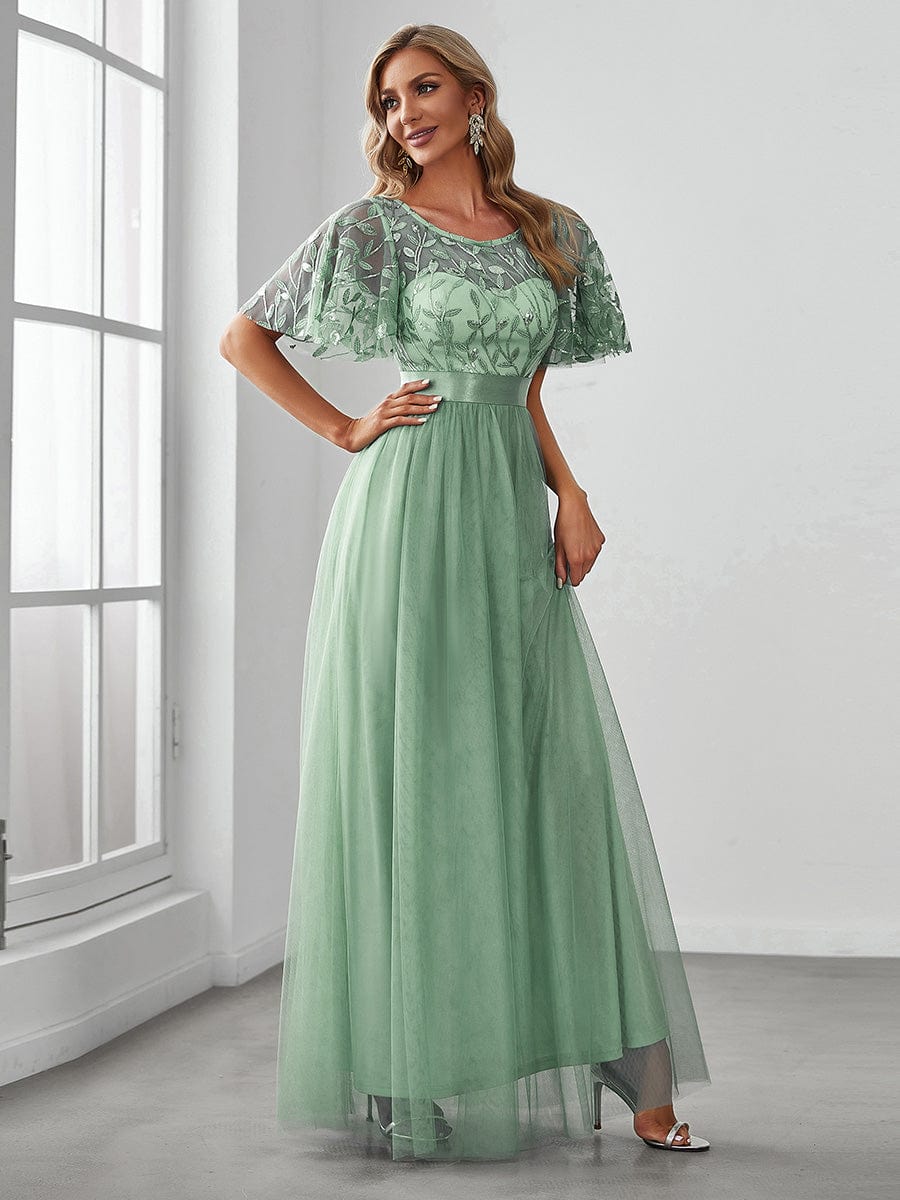 Women's A-Line Short Sleeve Embroidery Floor Length Wedding Guest Dresses #color_Mint Green