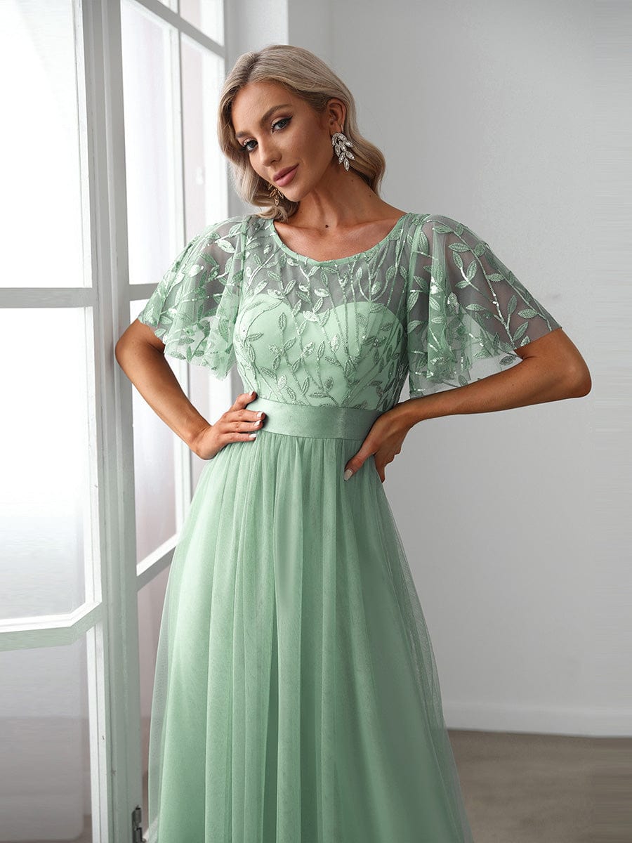 Women's A-Line Short Sleeve Embroidery Floor Length Wedding Guest Dresses #color_Mint Green