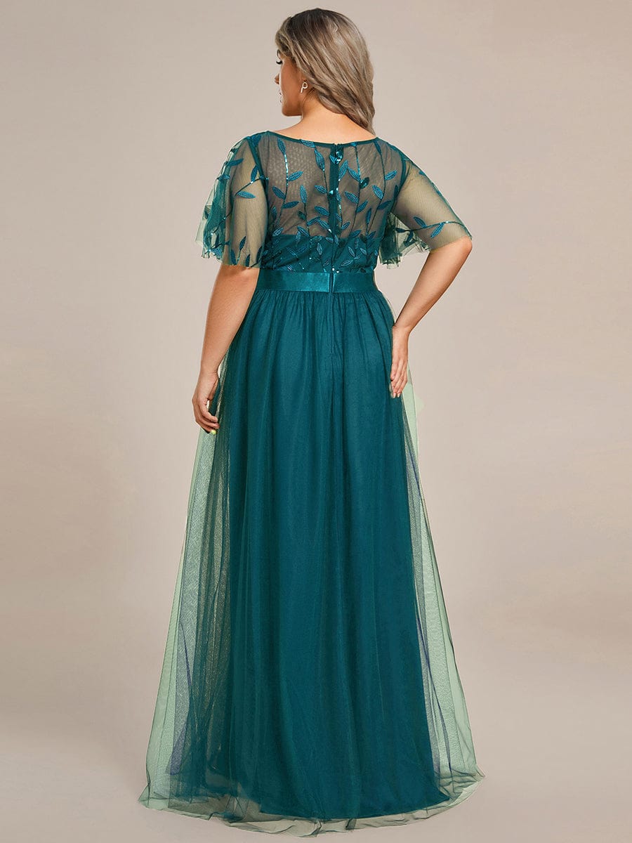 Women's A-Line Short Sleeve Embroidery Floor Length Wedding Guest Dresses #color_Teal