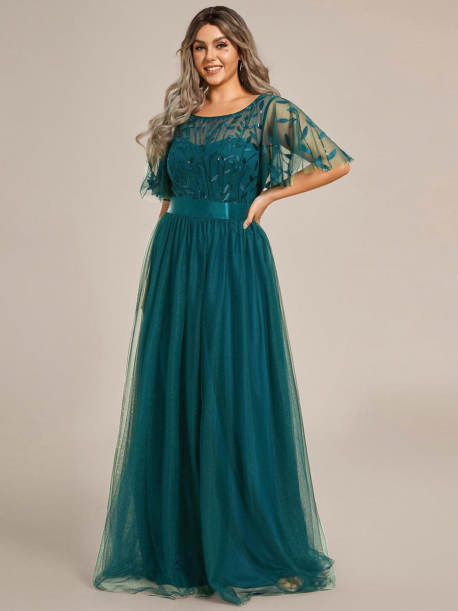 Plus Size Women's Embroidery Bridesmaid Dress with Short Sleeve #color_Teal