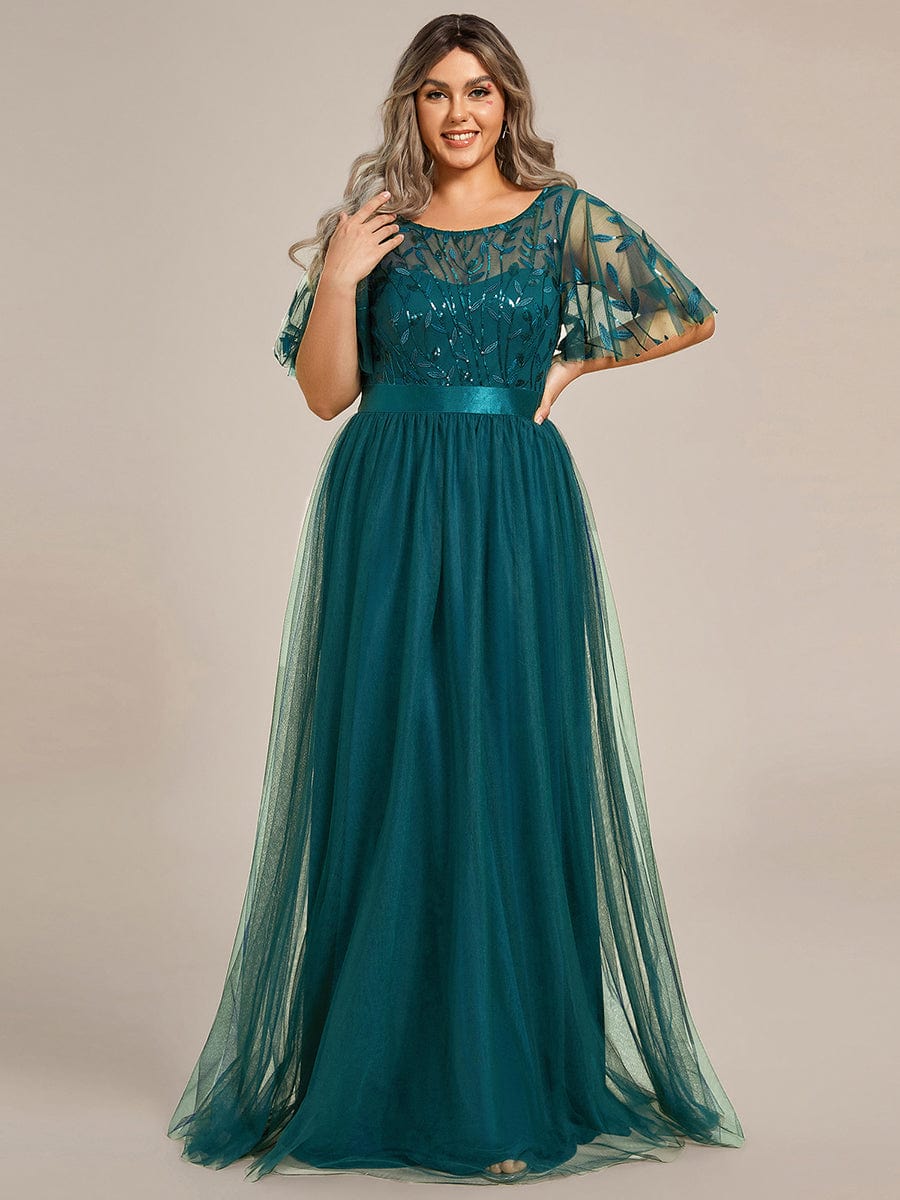 Women's A-Line Short Sleeve Embroidery Floor Length Wedding Guest Dresses #color_Teal