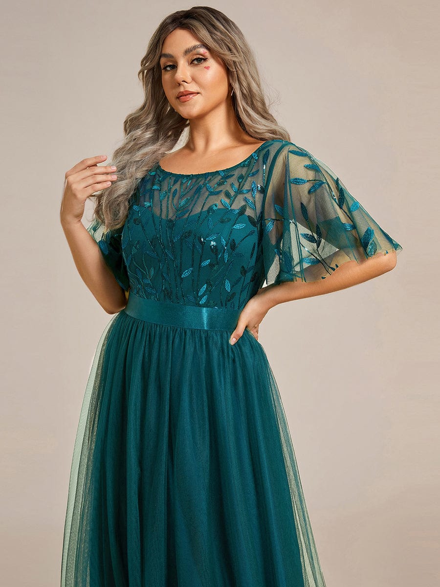 Women's A-Line Short Sleeve Embroidery Floor Length Wedding Guest Dresses #color_Teal