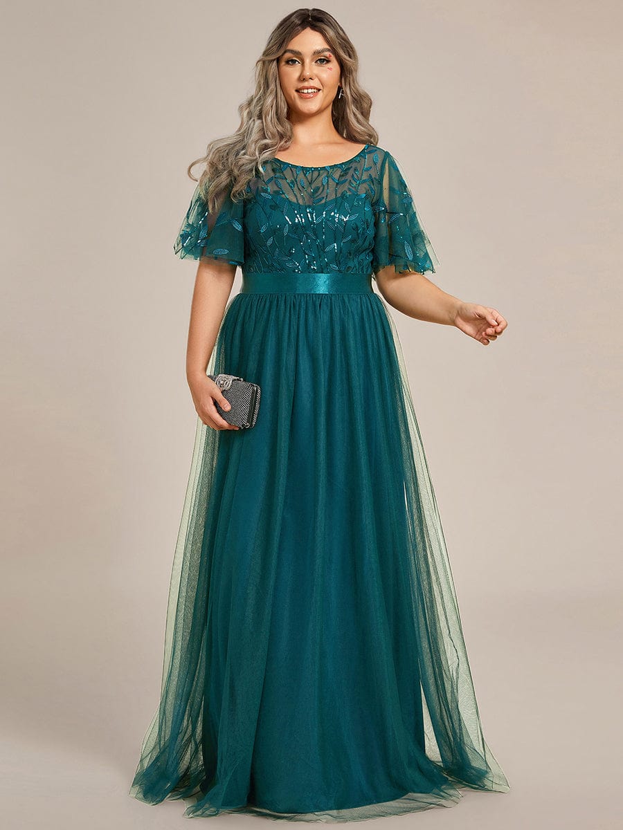 Plus Size Women's Embroidery Bridesmaid Dress with Short Sleeve #color_Teal