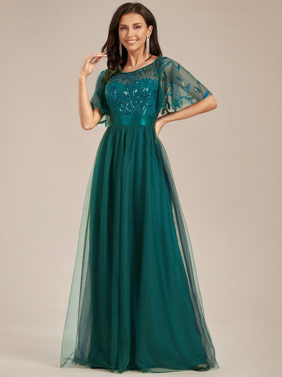 Women's A-Line Short Sleeve Embroidery Floor Length Wedding Guest Dresses #color_Teal