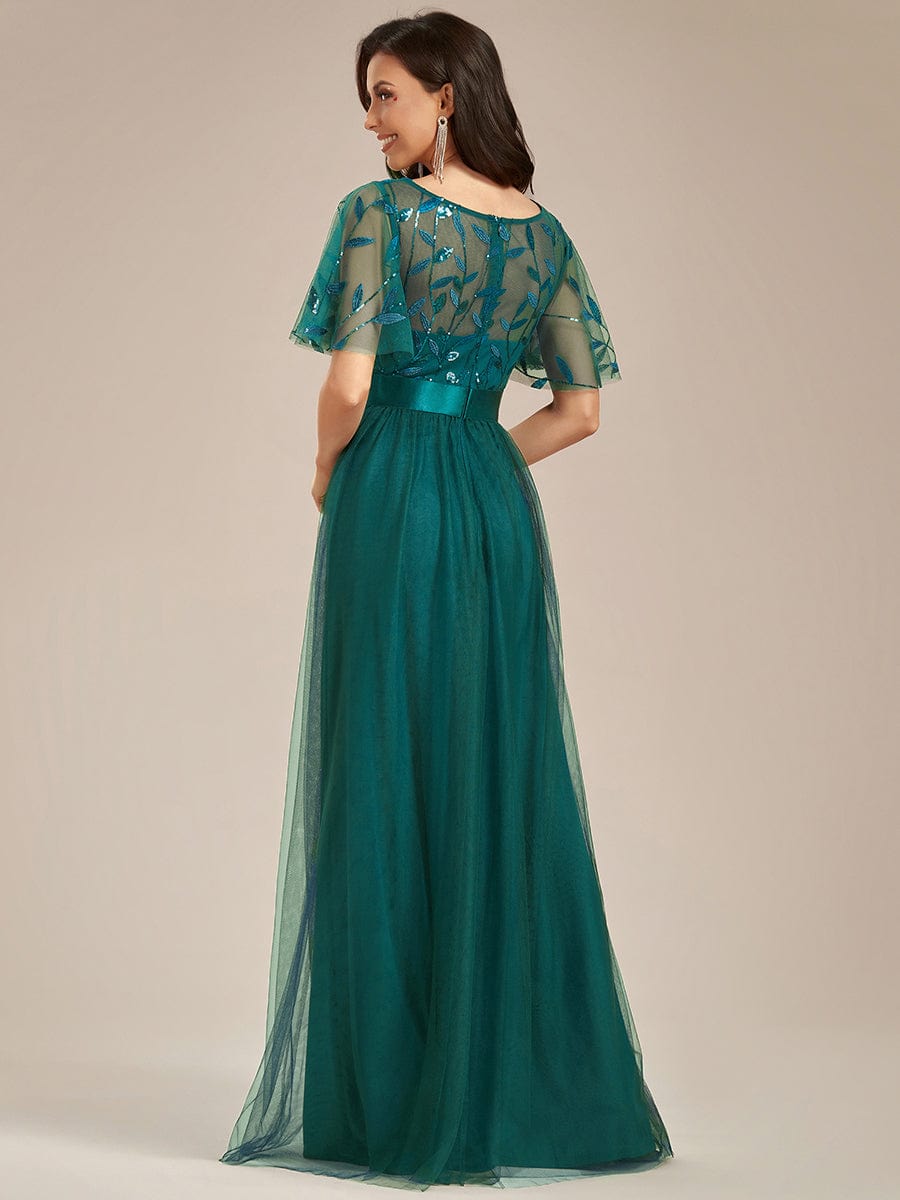 Women's A-Line Short Sleeve Embroidery Floor Length Wedding Guest Dresses #color_Teal