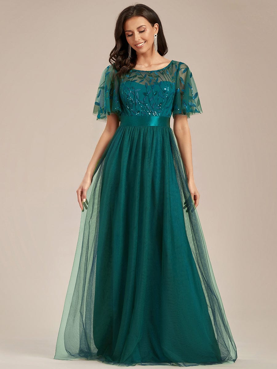 Women's A-Line Short Sleeve Embroidery Floor Length Wedding Guest Dresses #color_Teal