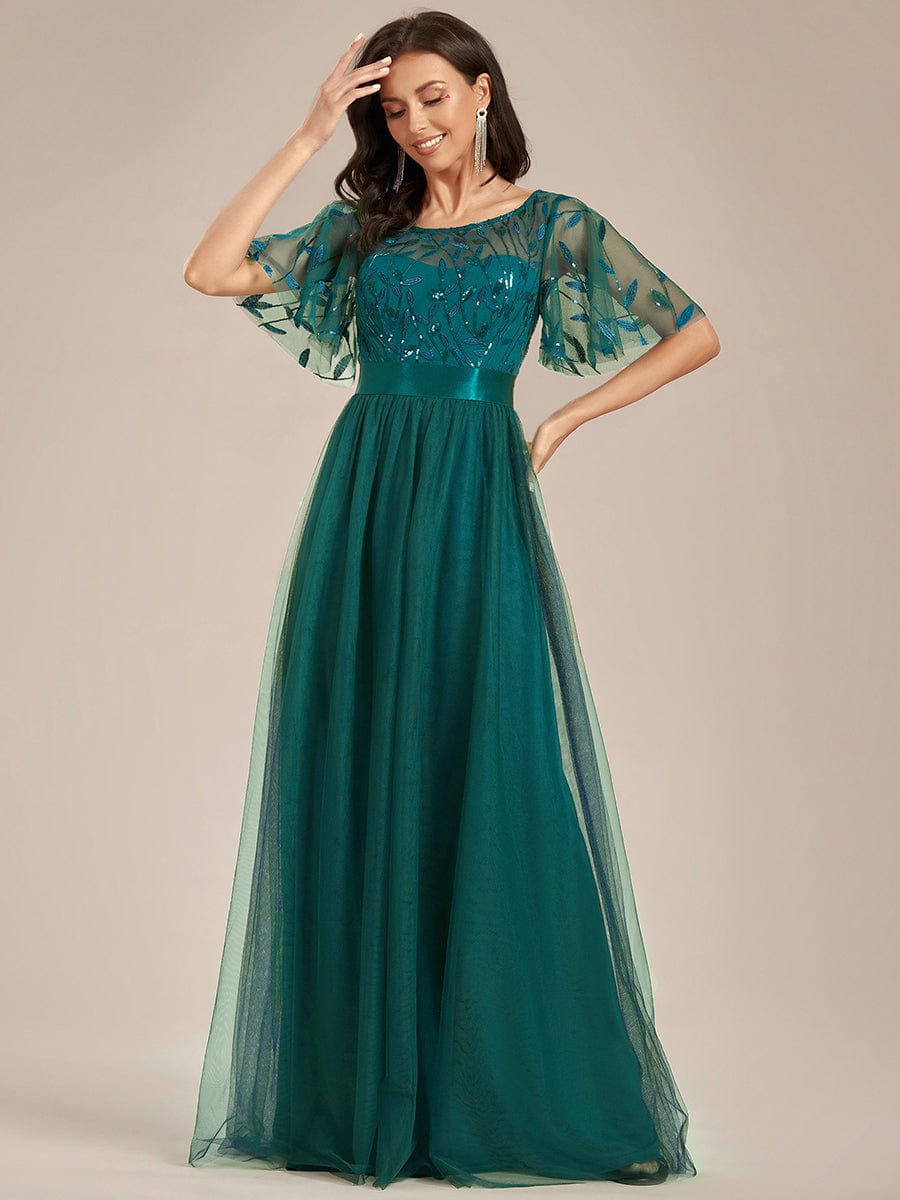 Women's A-Line Short Sleeve Embroidery Floor Length Wedding Guest Dresses #color_Teal