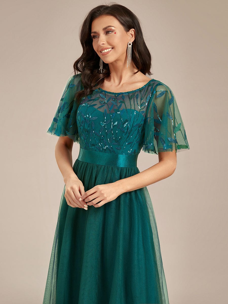 Women's A-Line Short Sleeve Embroidery Floor Length Wedding Guest Dresses #color_Teal