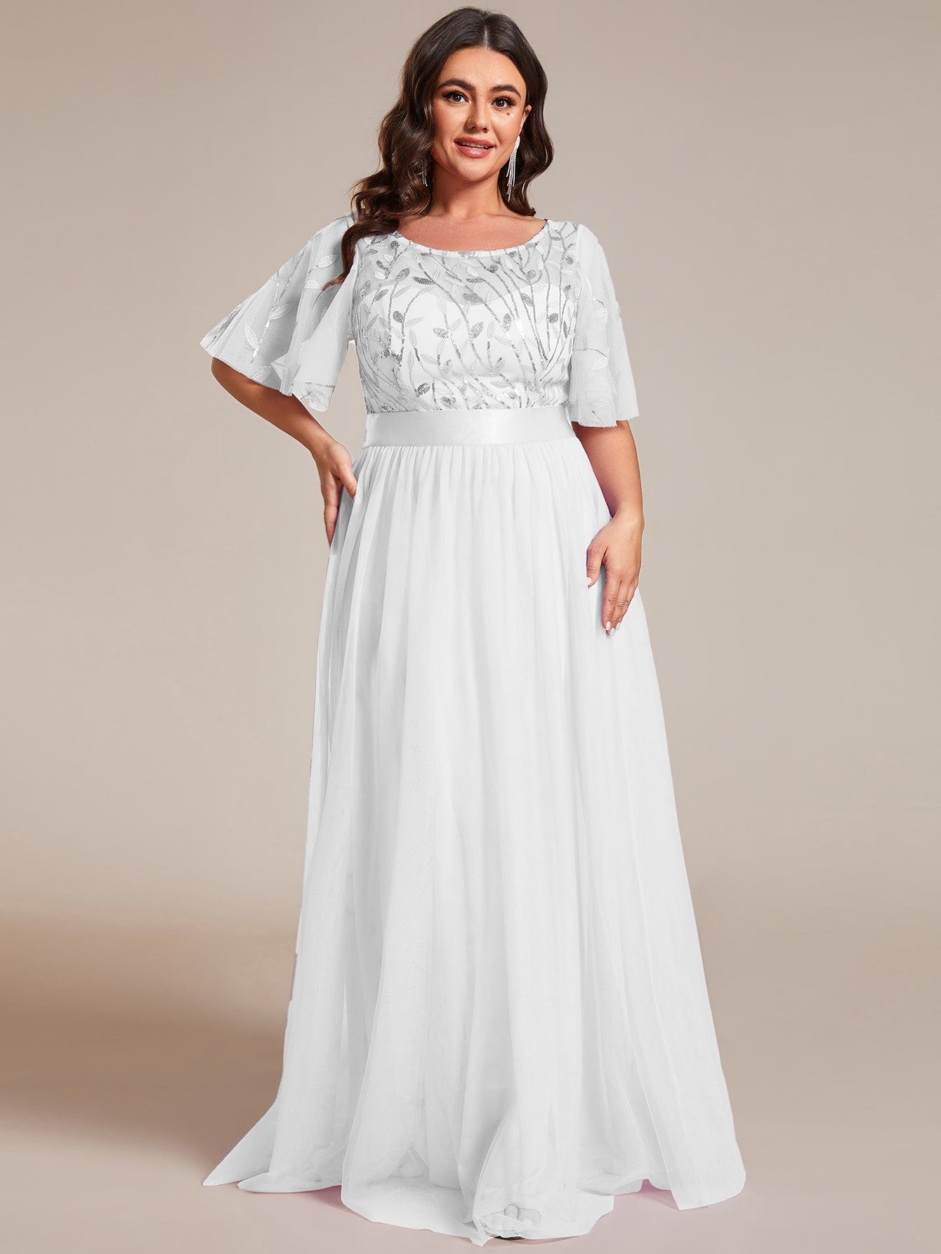 Plus Size Women's Embroidery Bridesmaid Dress with Short Sleeve #color_White