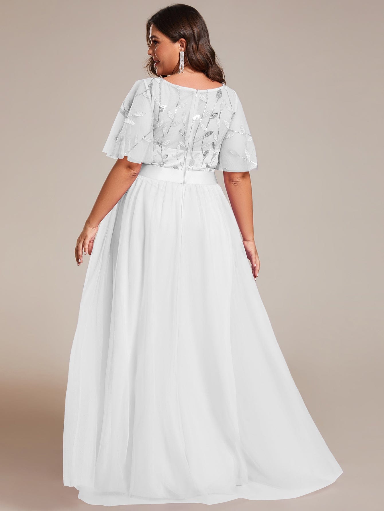 Plus Size Women's Embroidery Bridesmaid Dress with Short Sleeve #color_White