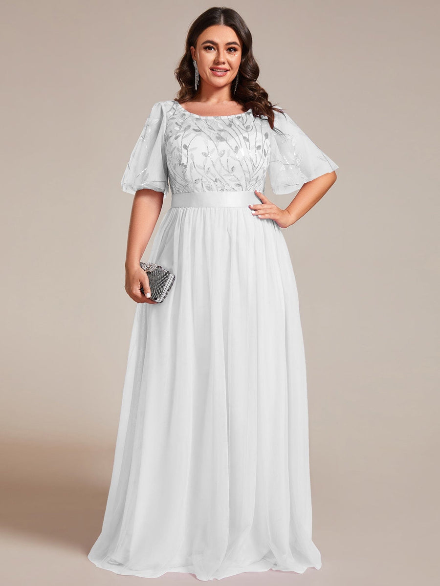 Plus Size Women's Embroidery Bridesmaid Dress with Short Sleeve #color_White